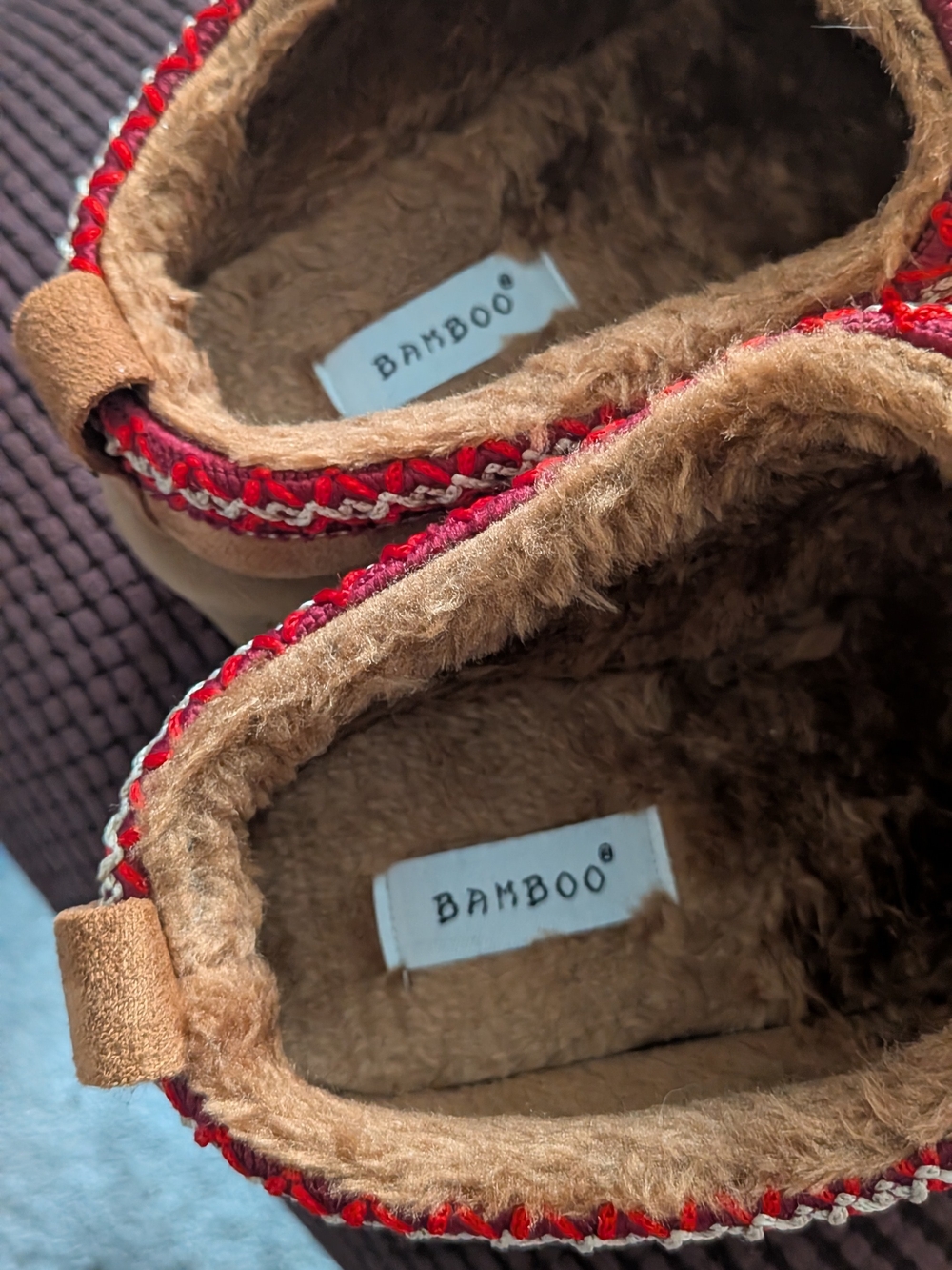 BAMBOO Tan Faux-Fur Lined Slip-On Clogs with Red Trim - Picture 3 of 4